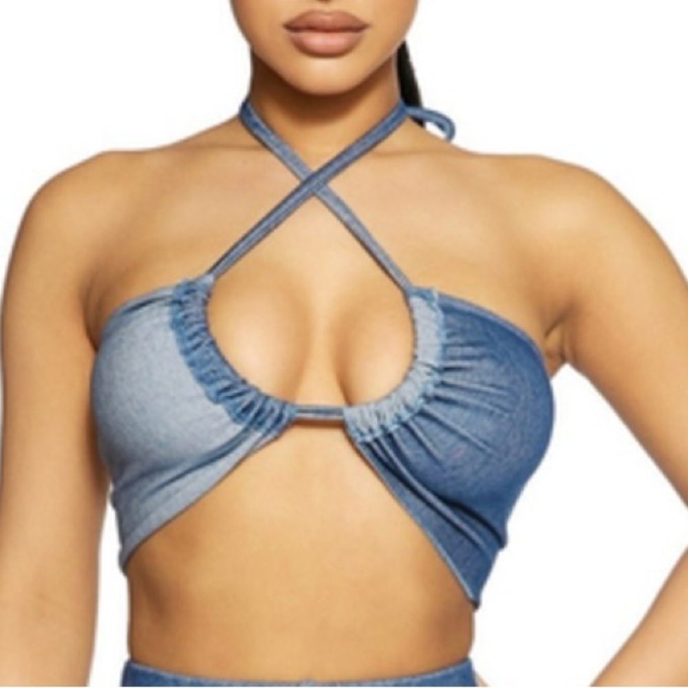 Naked Wardrobe | The X Denim Halter Crop Top | Size Medium
.